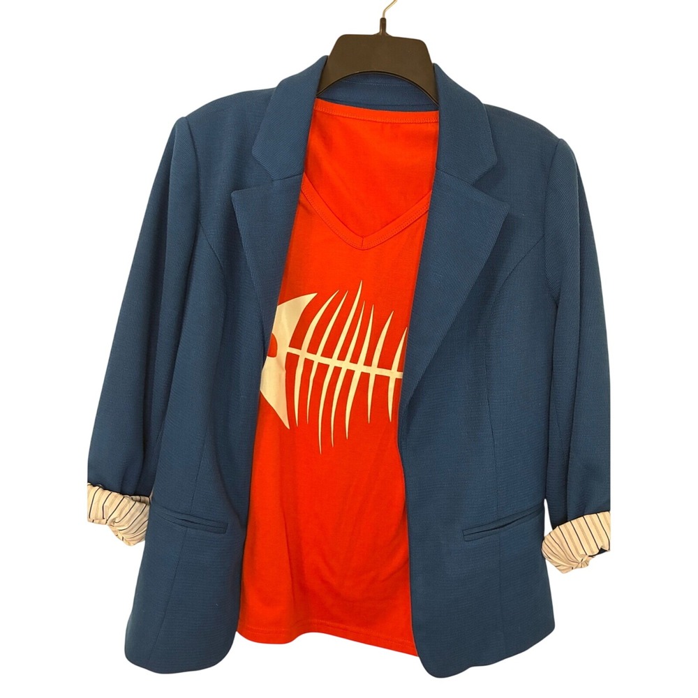 41 Hawthorn Natalie Knit Blazer Teal Blue Open Front Striped Lining Large NWT